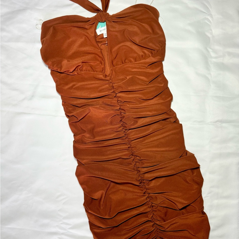 Rust Orange Ruched Halter Dress